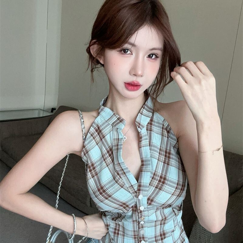 Plaid Halterneck Camisole Women's Outer Wear Summer Thai Niche Sweet Sexy V-Neck Tube Top Top Beautiful Shirt