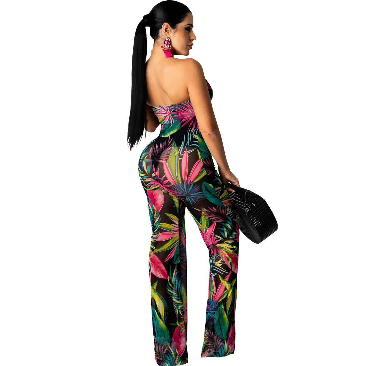 Sexy Wrapped Chest Mesh Printed Jumpsuit NSSJW58842