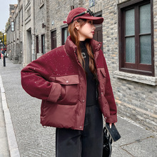 欧货冬季新款时尚立领亮片毛呢拼接宽松小个子保暖羽绒棉服外套