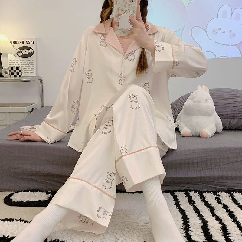 Al por mayor transfronterizo nuevo set de seda delgada de manga larga camiseta camiseta de pijama de mujer dulce dulce ropa de dibujos animados para el hogar