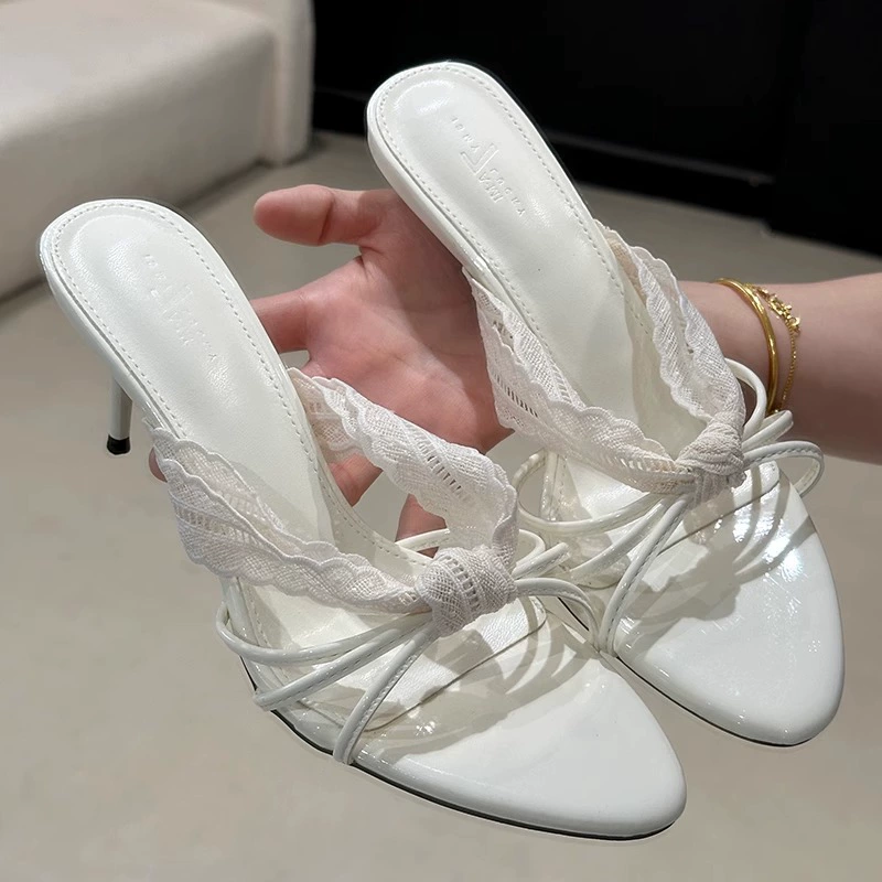 Женские летние босоножки-стилето с заострённым носком, кружевными вставками и бантом, элегантные, розовые, на высоком каблуке, коллекция 2025 года.