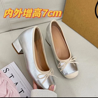 银色内增高玛丽珍高跟鞋子2025年新款银色小个子粗跟单鞋女