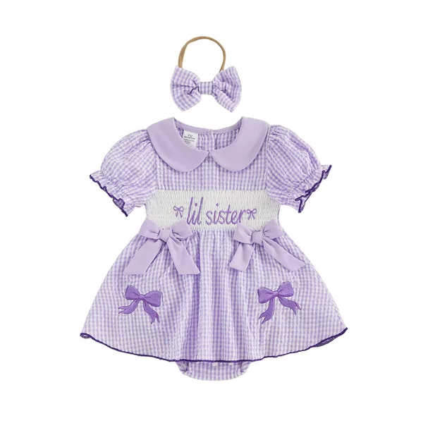 Baby Girl Embroidered Pink Plaid Romper Dress with Hairband, Doll Collar, Puff Short Sleeves, Bowknot Embroidered One-Piece Dress