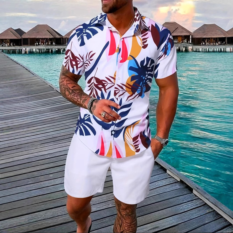 2025 summer best selling men's suit, colorful printed lapel men's shirt short sleeve, beach party and household