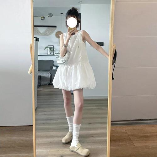 Váy li n thân white sleeveless vest dress women's loose flower bud short skirt