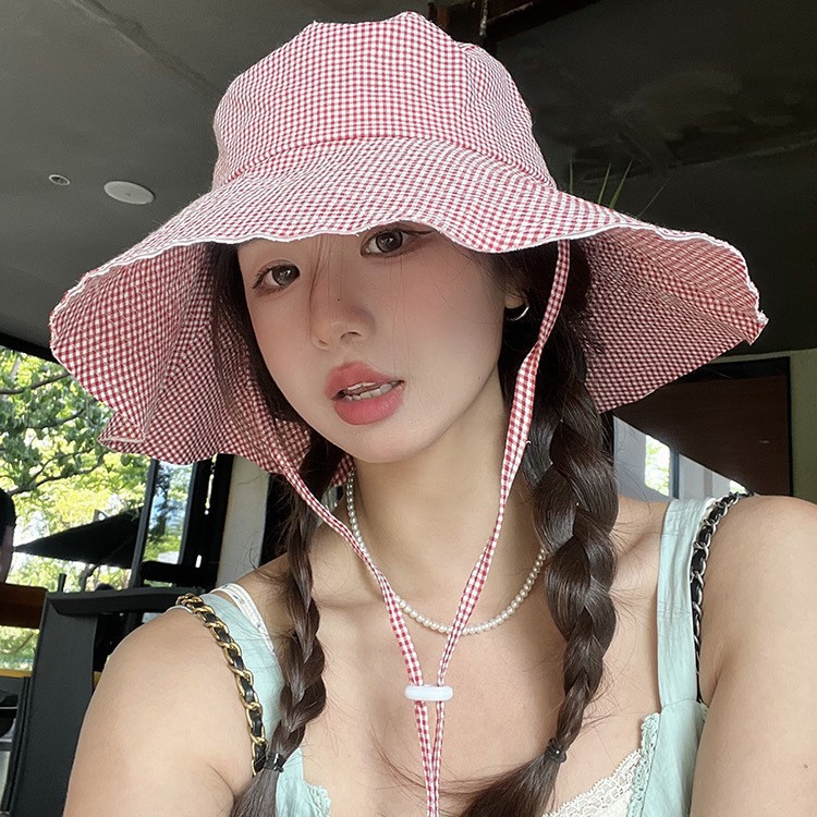 Korean-style Ins Small Checkered Large Brim Sun Protection Fisherman Hat For Women, Spring And Summer Casual Hiking Hat,_voghion.com
