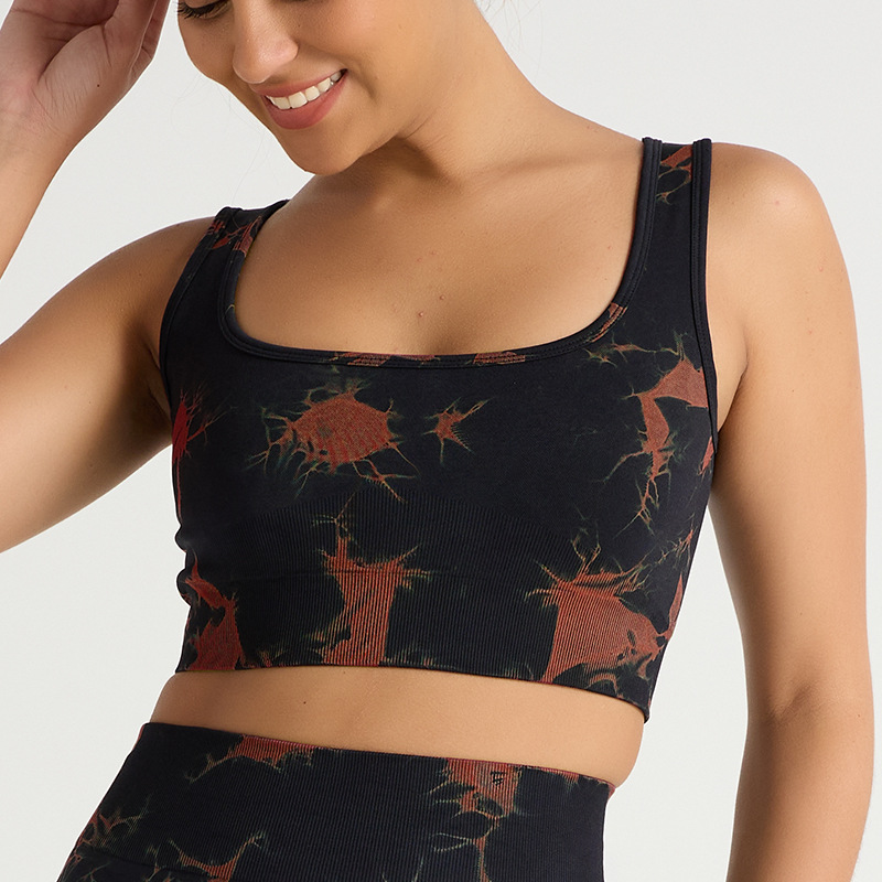 Nuevo traje de yoga de secado rápido de cadera deportivo de cintura alta sin costuras europeo y americano de tres piezas pantalones de yoga de teñido ajustado para mujer