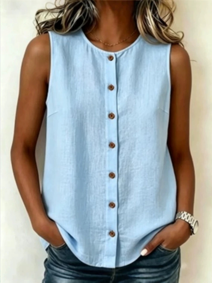 20026 / Amazon Europa y América populares transfronterizas chaleco casual de algodón camisa de mujer sin mangas botones de cuello redondo image 3