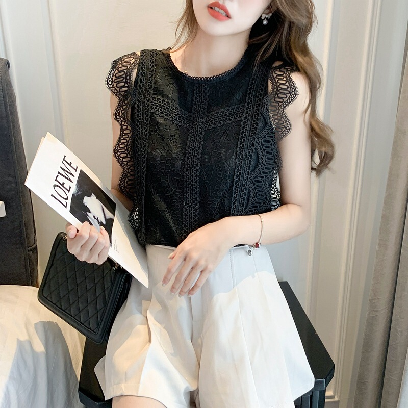 Cross-border European Station Black Lace Shirt Women's Top Summer New Fashion Wave Edge Sleeveless Hollow Shirt
