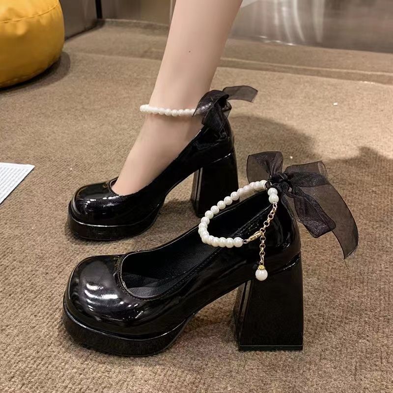 玛丽珍粗跟高跟鞋女2023春夏设计感珍珠一字扣带小众法式外穿单鞋|undefined