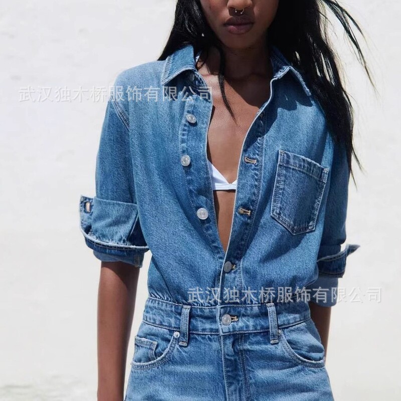 Autumn New Women's Fashion from Foreign Trade Europe and America, Amazon, Turn-Down Collar, Single-Breasted, Pocket, Long-Sleeve Denim Jumpsuit