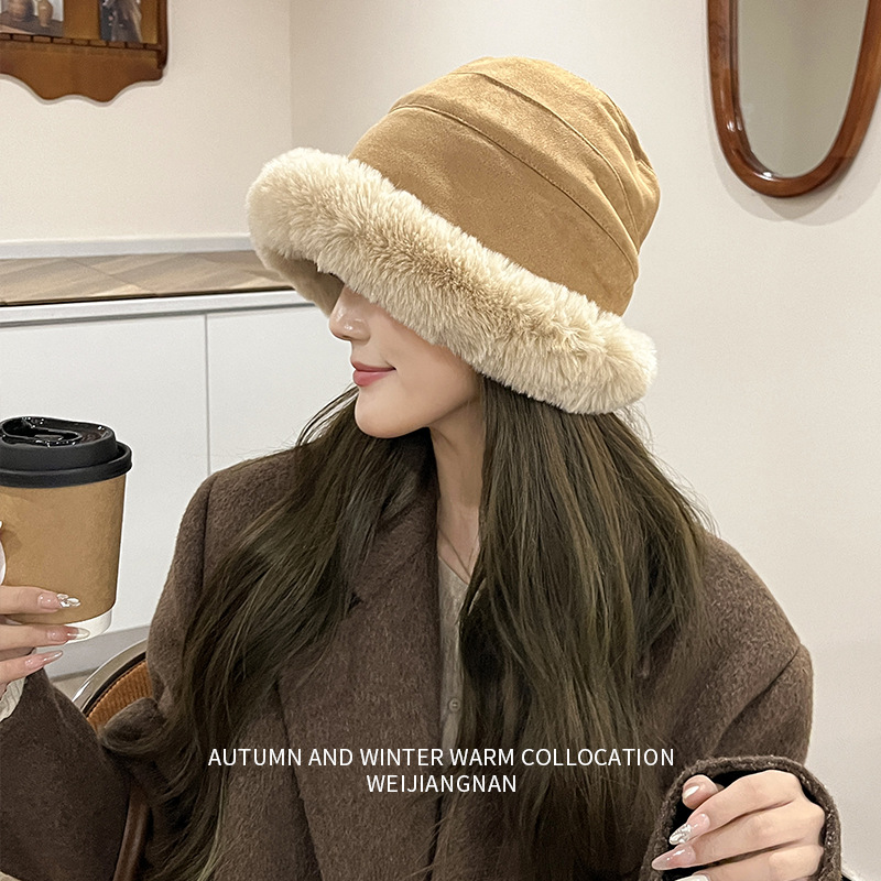 plush fisherman hat women‘s winter korean style high-grade thickened warm bucket hat windproof ushanka suede mongolian cap