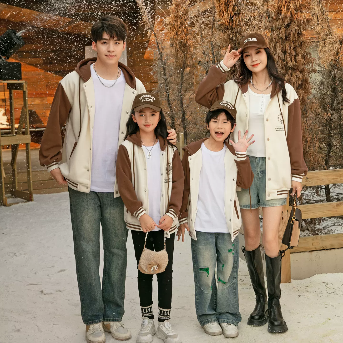 2025新款亲子装秋冬加绒加厚外套拼色棒球服高端春秋母女连帽卫衣