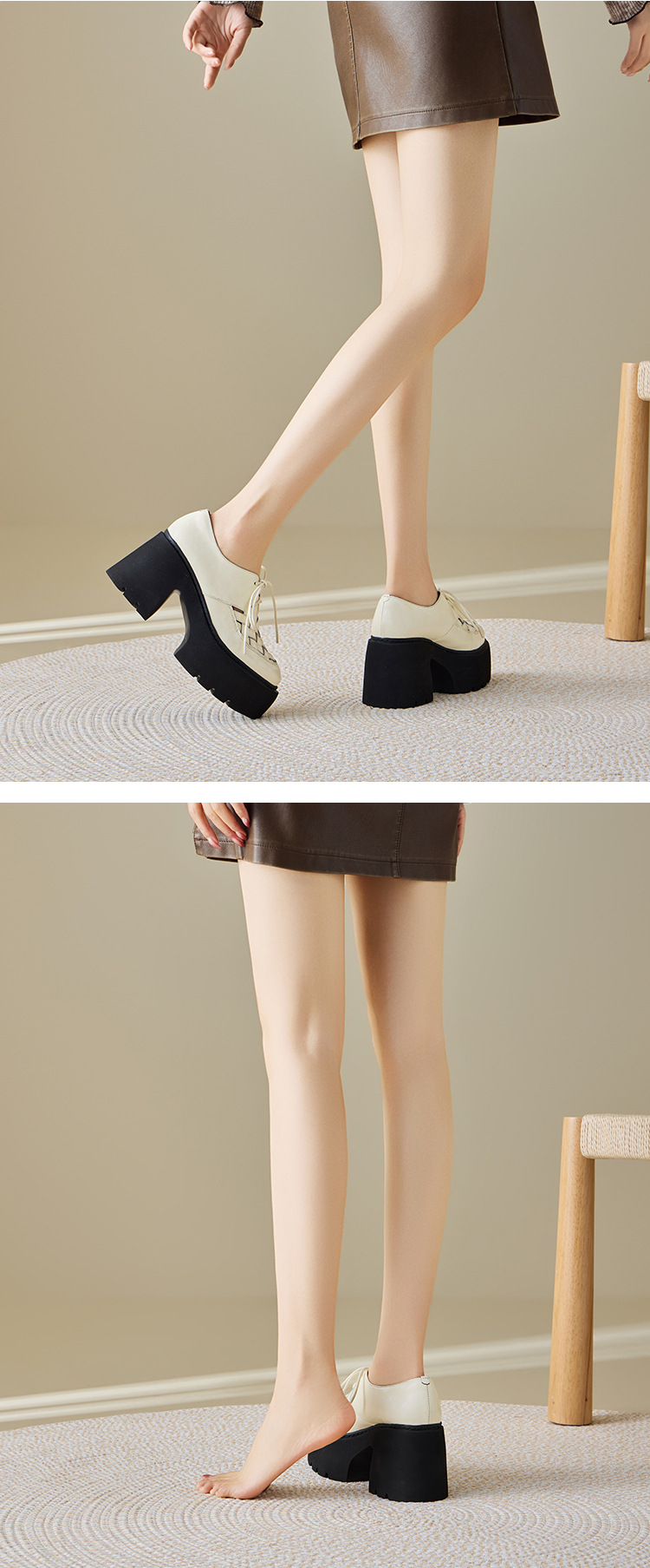 Giày cao gót nữ mũi nhọn gót vuông 10 cm dây buộc phong cách Anh, đế xuồng, da thật — màu đen chi tiết 4