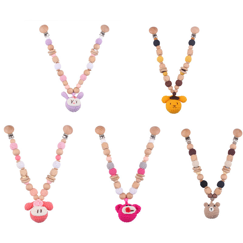 Cadena de chupete de bebé Campana de cama de bebé de madera Muñeca de ganchillo cordón anti-pérdida Cochecito de bebé Hanging toy