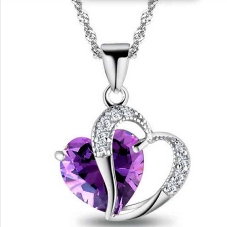 Cross-border Accessories New Products Heart Amethyst Korean Style Popular Necklace for Women Beautiful Heart Crystal Pendant