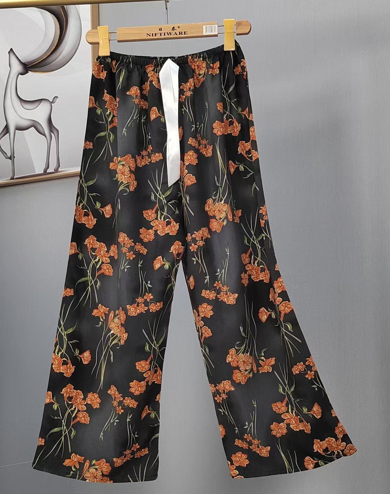 Pijama de seda de algodón para mujer, pantalones anchos de mujer embarazada de seda de algodón con estampado fino de verano