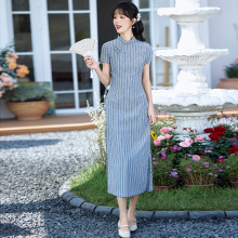 春季新款棉提花条纹年轻款改良旗袍日常时尚文艺风小清新少女旗袍