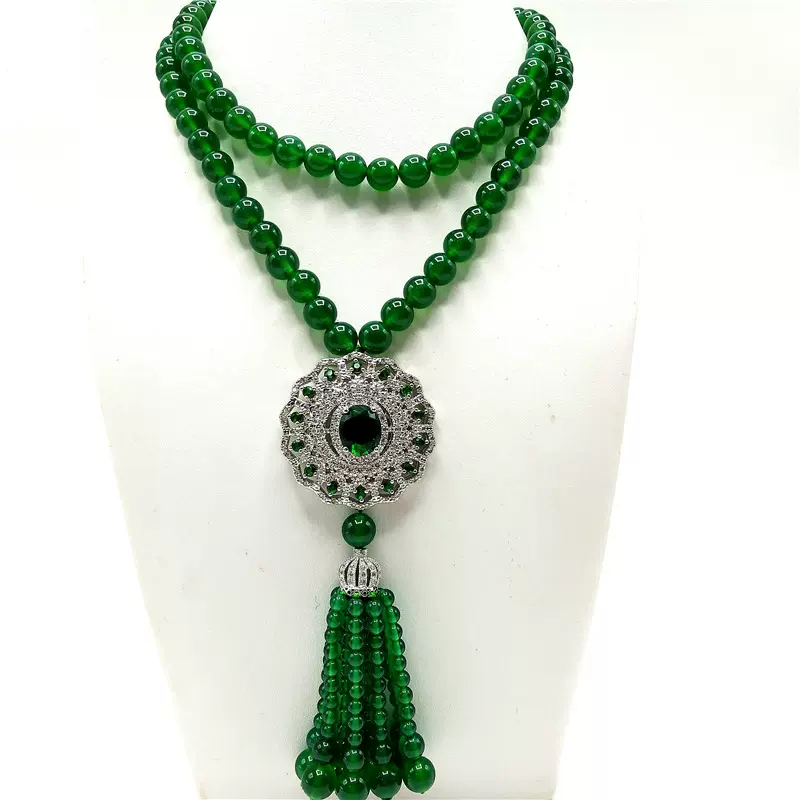 高级感富贵如意流苏项链女复古民族风新款绿珠挂件秋冬长款毛衣链