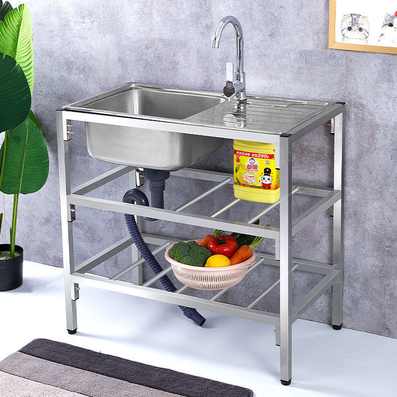キッチンステンレスシンク シンプルなフロアスタンド付き シングルシンク シンク洗面器 シンク一体型操作カウンター|undefined