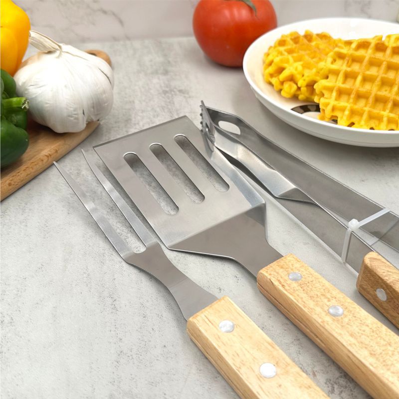 Juego de Utensilios para Barbacoa con Mango de Madera de 4 Piezas