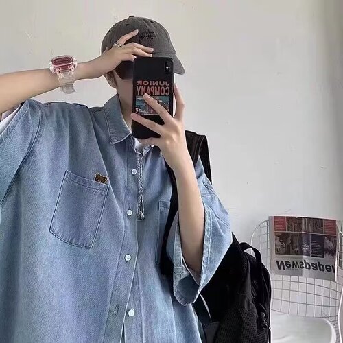 Slim-fit denim short-sleeve shirt for men, summer workwear open jacket, loose Korean-style trendy versatile top