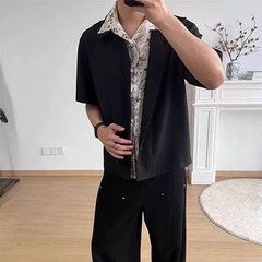 假两件花领拼接衬衫男2025夏季潮牌小众设计感休闲百搭半袖衬衣男