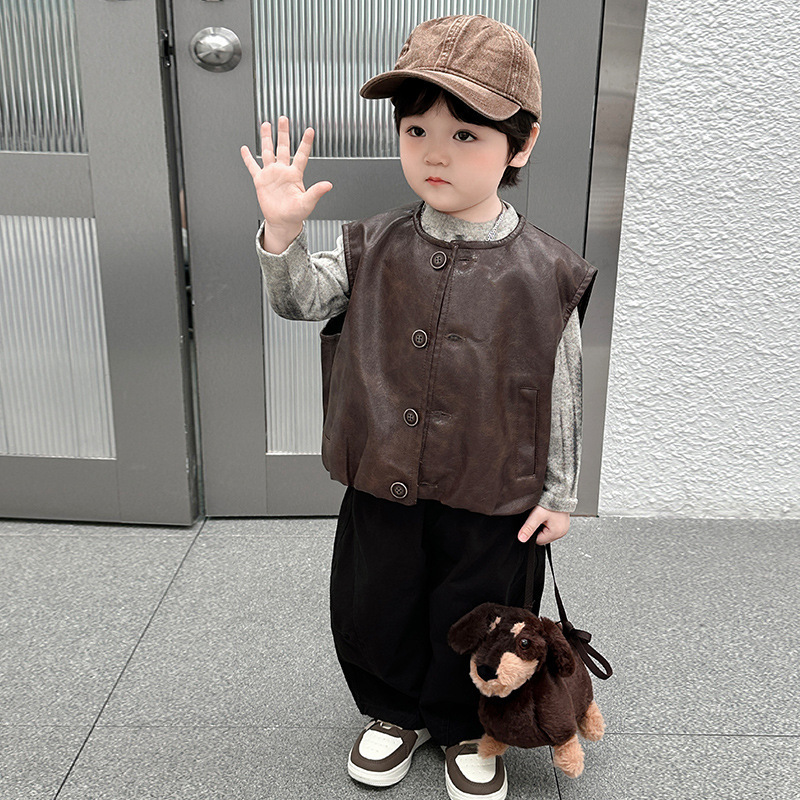 男童秋季马甲套装儿童韩系卫衣三件套2025新款宝宝春秋坎肩皮夹克|undefined