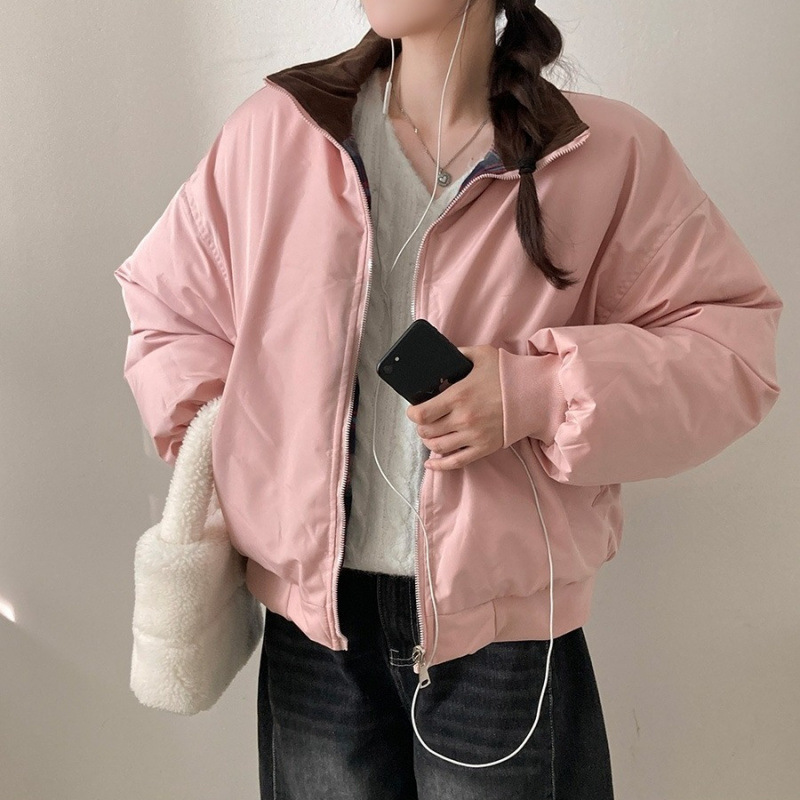 冬季美式棒球服两面穿立领棉服格子短款面包服外套女潮女