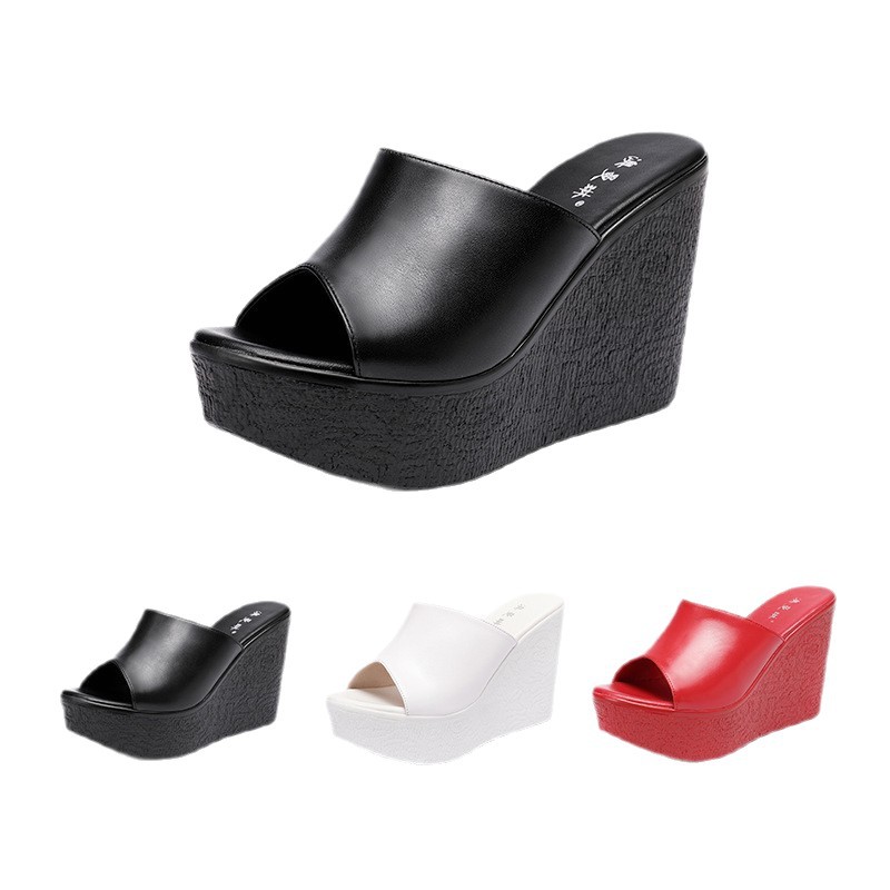 Dép sandal nữ đế xuồng da thật gót 11cm siêu cao đế dày chống thấm — Màu Trắng be 30217 7cm, 30118 đen 8cm, Màu Trắng 30118 8cm, Màu đen 11cm