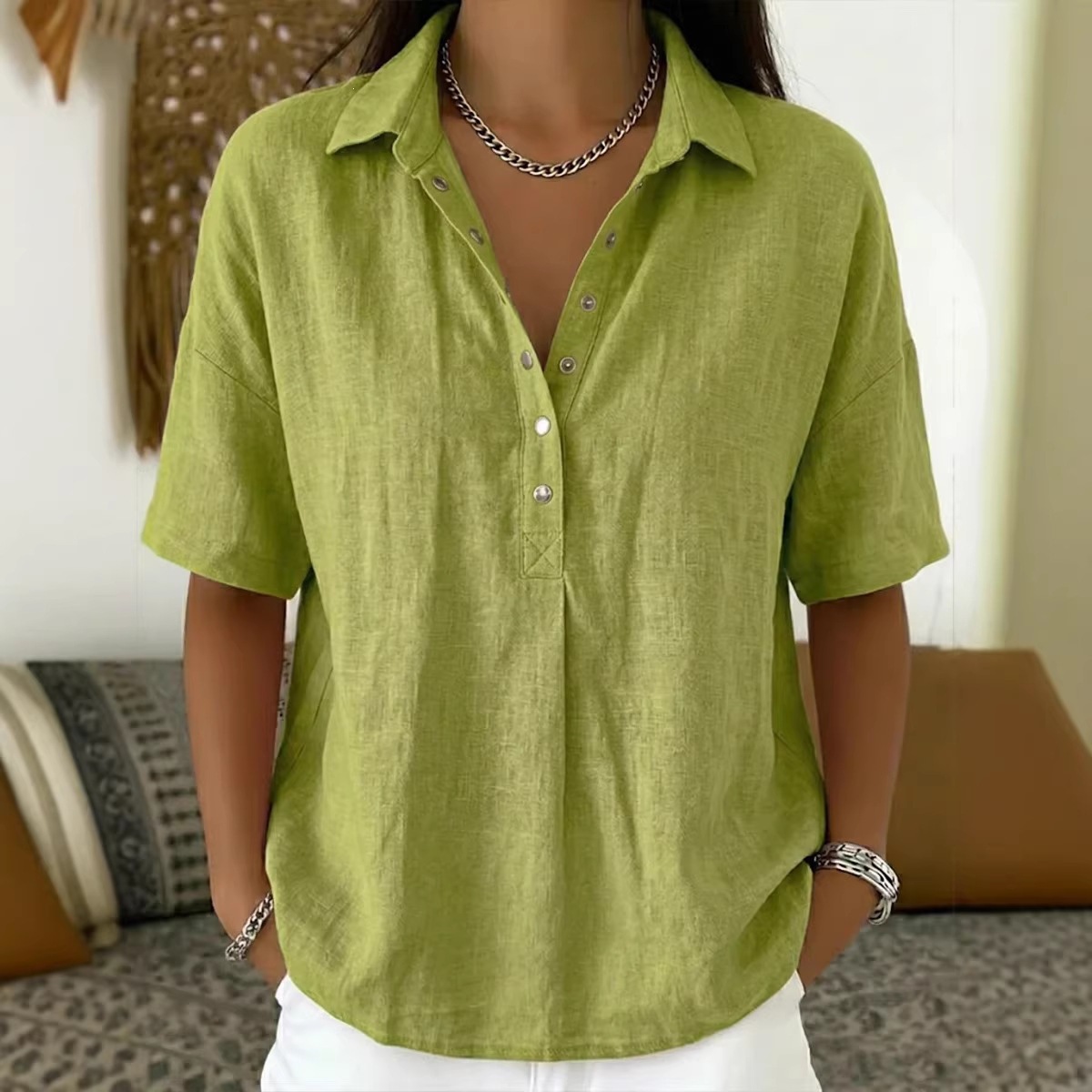 Europa y Estados Unidos transfronterizos Amazon estación independiente 2026 verano nuevo estilo de ropa de mujer comodidad con solapa de manga corta camisa sólida