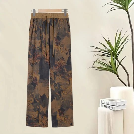 2025 New Women's Summer Thin Satin Printed Straight-Leg Pants All-Match Slimming Trousers Women's Wide-Leg Pants