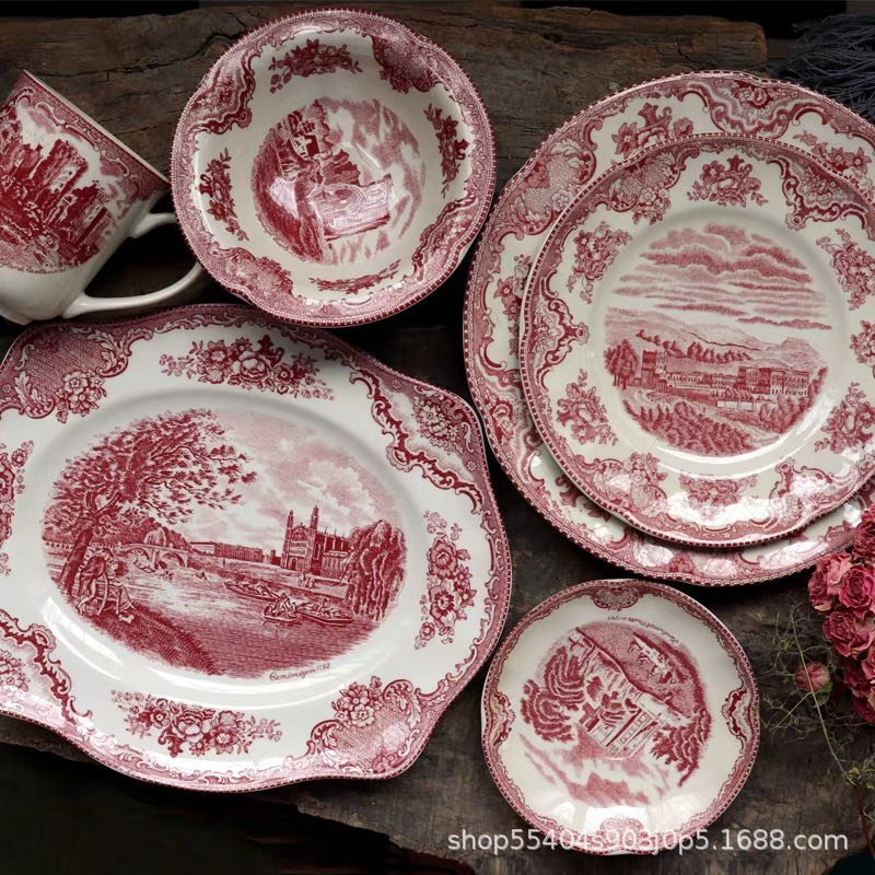 Exported to the Uk, Vintage Red Castle Underglaze Color Decorative Plate, Western-Style Dinner Plate, Ceramic Plate, Steak Plate