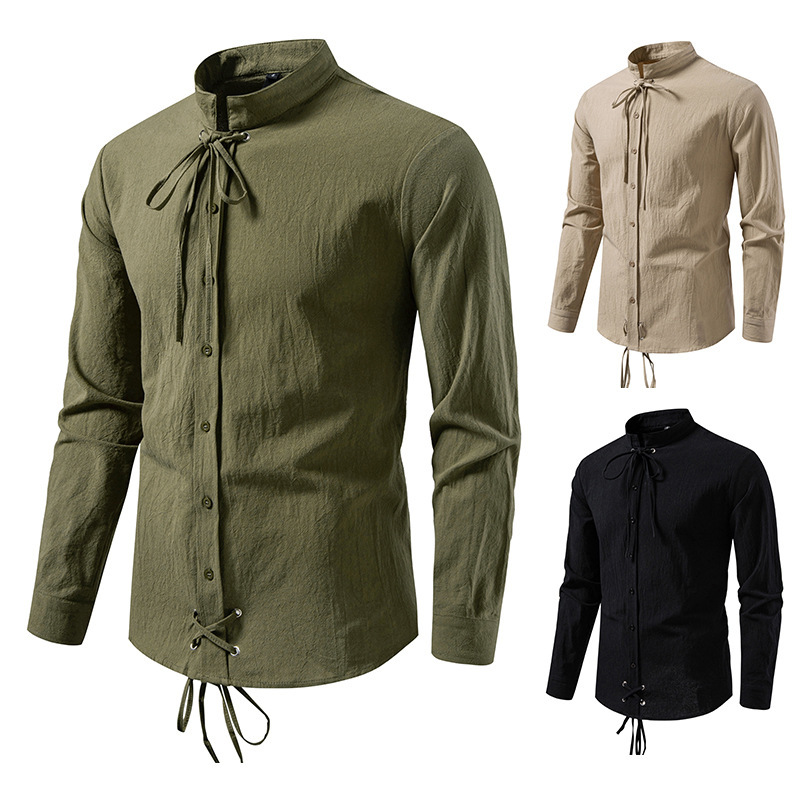 Amazon's New Medieval Pirate Drawstring Men's Cotton and Linen Long-Sleeved Shirt Cross-Border Foreign Trade Men's Solid Color Shirt