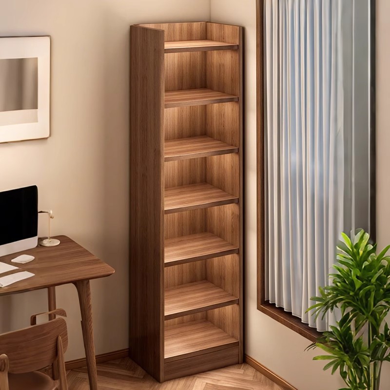 Estante de madera sólida de color nuez estante de piso de estante estrecho