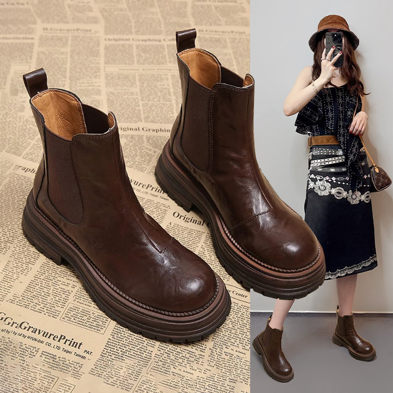 Hong Kong Maillard Brown Chelsea Boots for Women 2026 Spring and Autumn New Style Genuine Leather Martin Boots Thick-Soled Height-Increasing Short Boots Hong Kong Maillard Brown Chelsea Boots for Women 2026 Spring and Autumn New Style Genuine Leather Martin Boots Thick-Soled Height-Increasing Short Boots