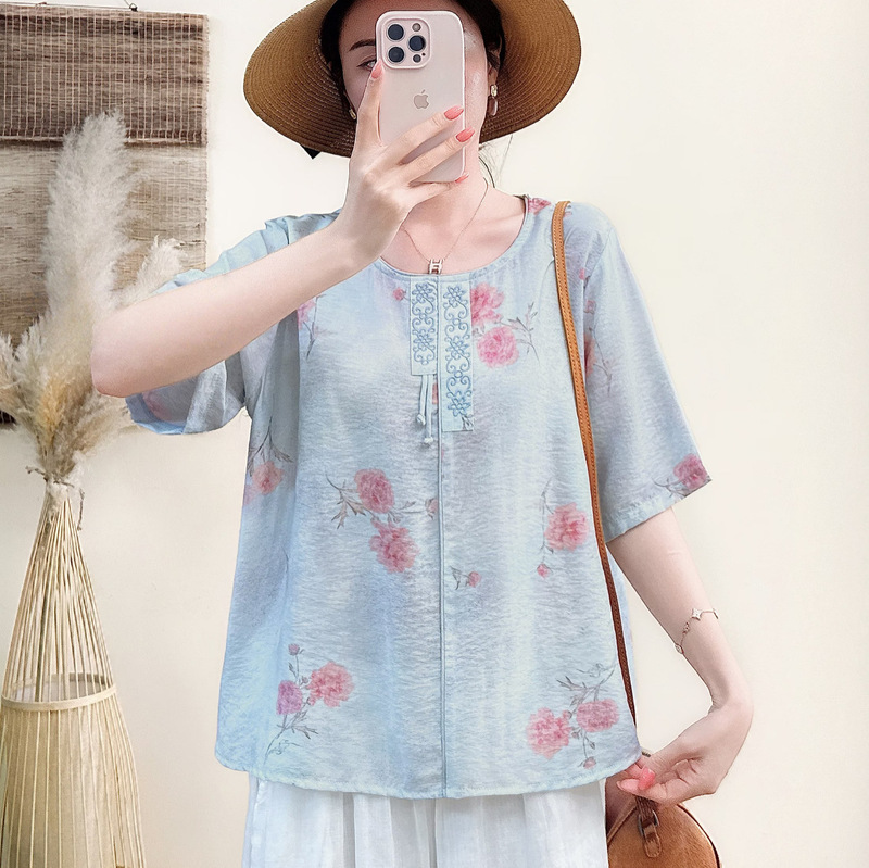 2026 Summer New Style Retro Ethnic Style Tencel Linen Short-Sleeved T-Shirt Round Neck Printed Loose Large Size Women's Top