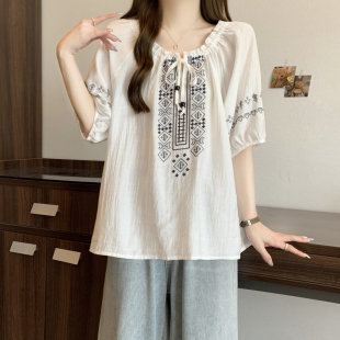 Retro Ethnic Style Embroidered Lace-Up Short-Sleeved Shirt Summer Large Size Fat mm Loose Age-Reducing Baby Doll Shirt Slimming Look Top
