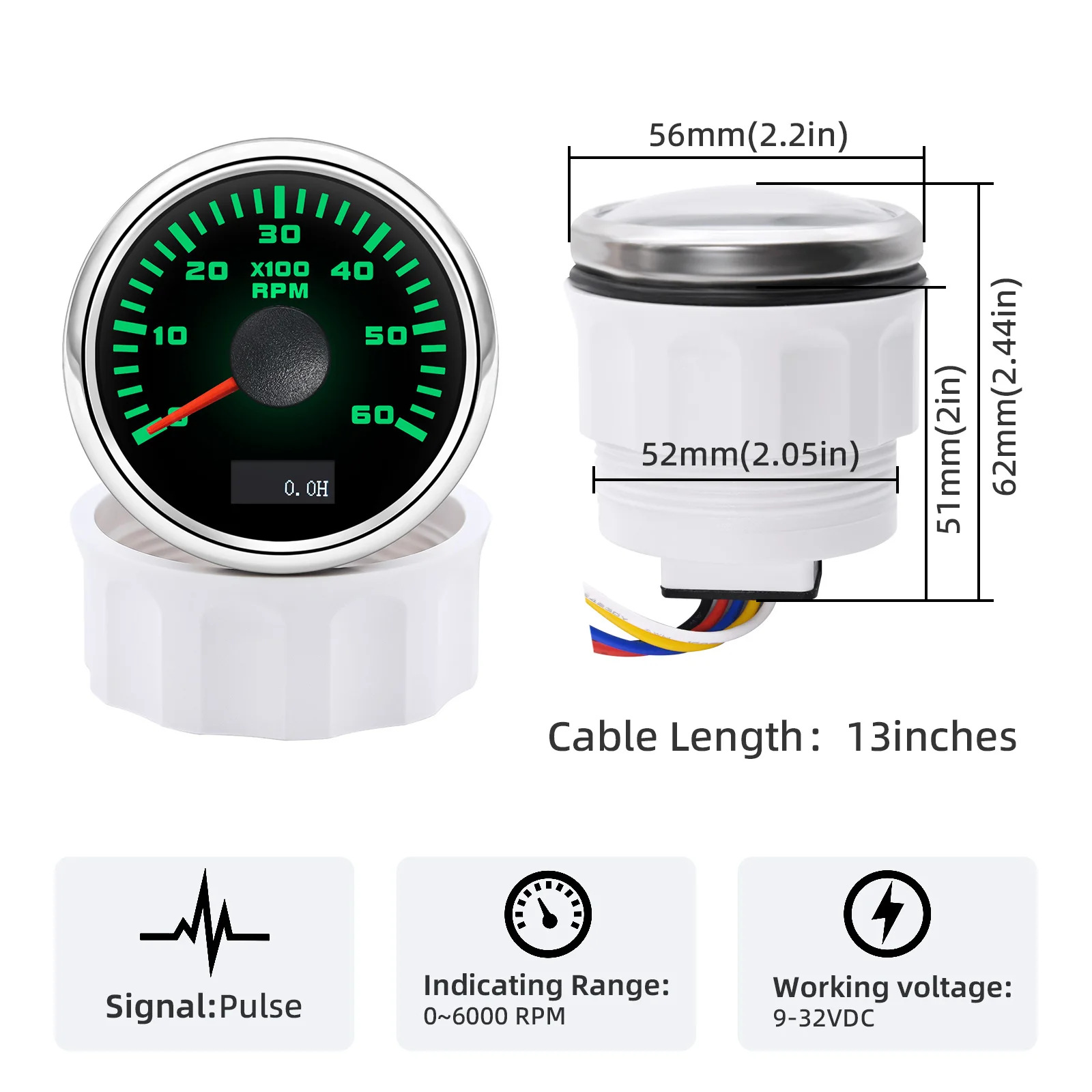 52mm pointer tachometer for car and boat use, modified universal model for car and yacht engines, high-precision tachometer