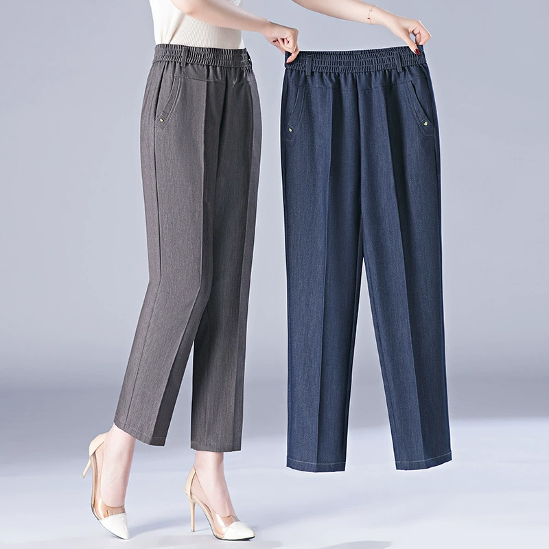 Тисс мама тонкие брюки Лето 2025 новые укороченные брюки с высокой талией прямые брюки свободные повседневные средние и старые женские брюки