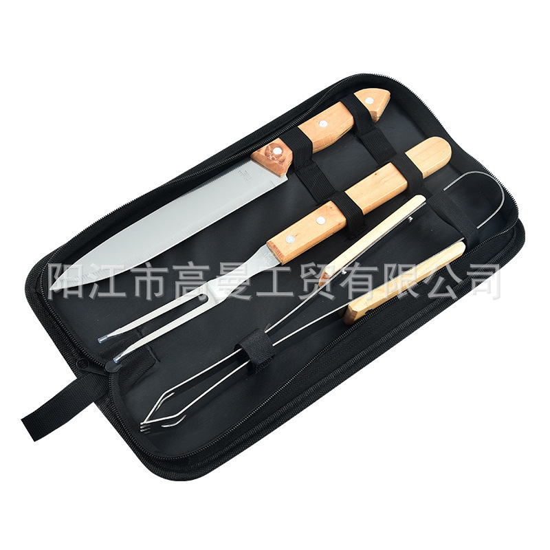 Juego de herramientas para barbacoa personalizado para comercio electrónico transfronterizo, exportación de fábrica, venta al por mayor, portátil, varios estilos, con bolsa de tela y asa pequeña.