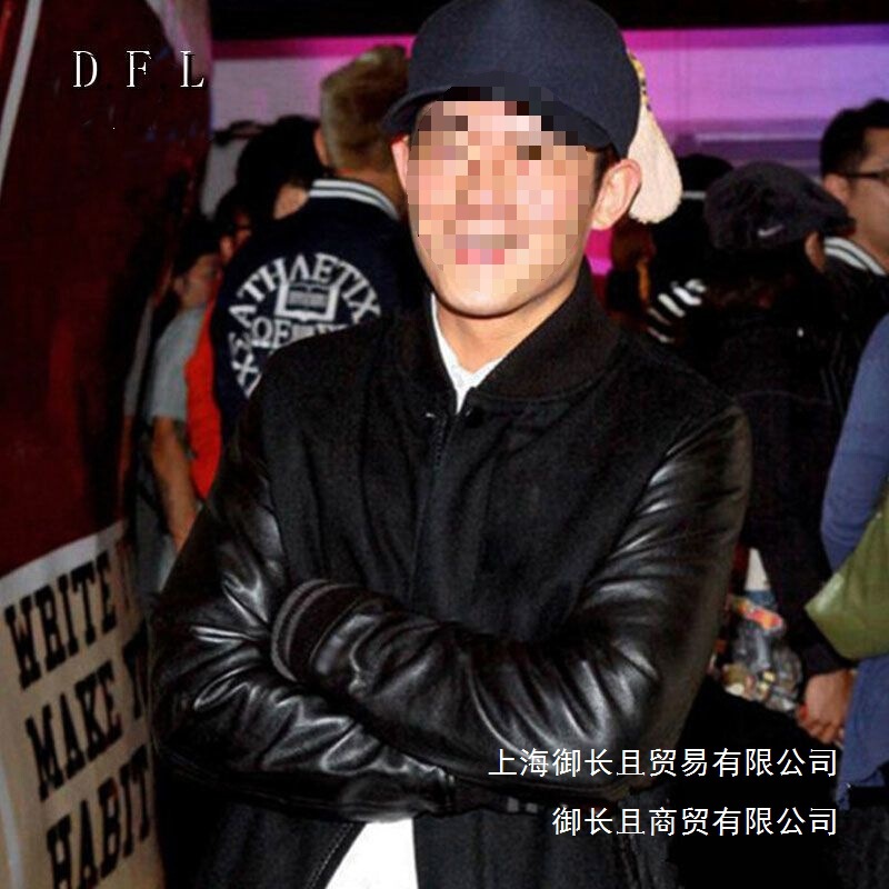 Moncler Stone Island 2020 Edison Chen Baseball Jacket Men's Black Jacket Shawn Yue Leather Sleeves Windproof Wholesale