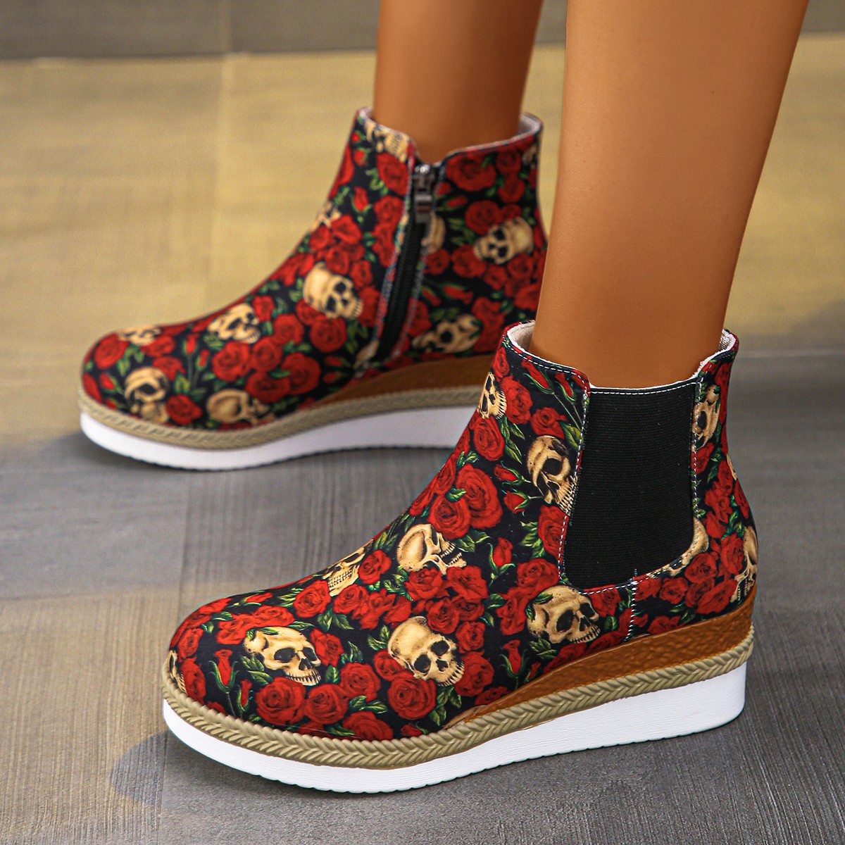 ShoeVault 2024 Summer New Foreign Trade Large Size Thick Sole Wedge Flower Pattern Side Zipper Short Boots For Women_voghion.com