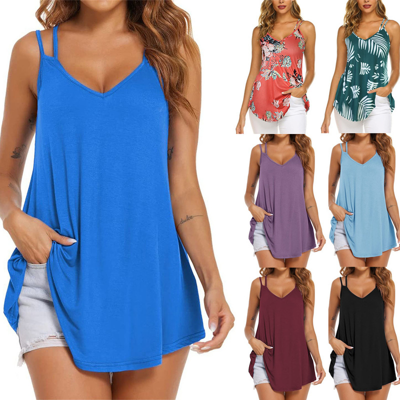 2024 European and American Amazon New Summer Sexy V-Neck Double Strap Top Imitation Cotton Printed Vessel T-Shirt for Women 2024 European and American Amazon New Summer Sexy V-Neck Double Strap Top Imitation Cotton Printed Vessel T-Shirt for Women