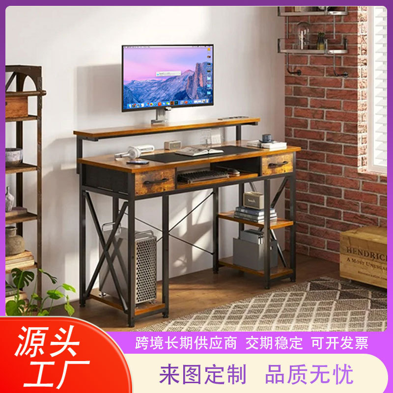 Amazon Wholesale Customizable Work and Study Study Room Computer Desk with Monitor Stand and Double Drawers Commercial Office Desk