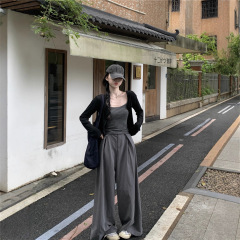 韩系简约风圆领长袖开衫外套女秋季甜辣风内搭条纹吊带上衣两件套