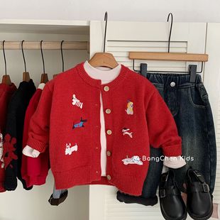 Children's Sweater Bangcheng 2025 Winter New Product Festive Knitted Sweater for Boys and Girls Embroidered Puppy Cardigan Trendy My0078