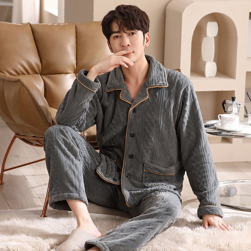 Pijamas de hombre para hombre Otoño e Invierno coral fleece cardigan cálido invierno forrado de lana engrosada franela traje de hombre