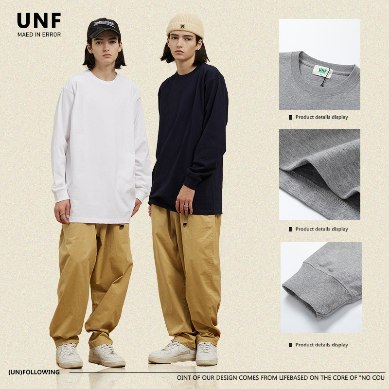 UNF otoño e invierno color sólido 300G algodón pesado suelta camiseta de manga larga básica japonesa para hombres y mujeres marca de moda tee