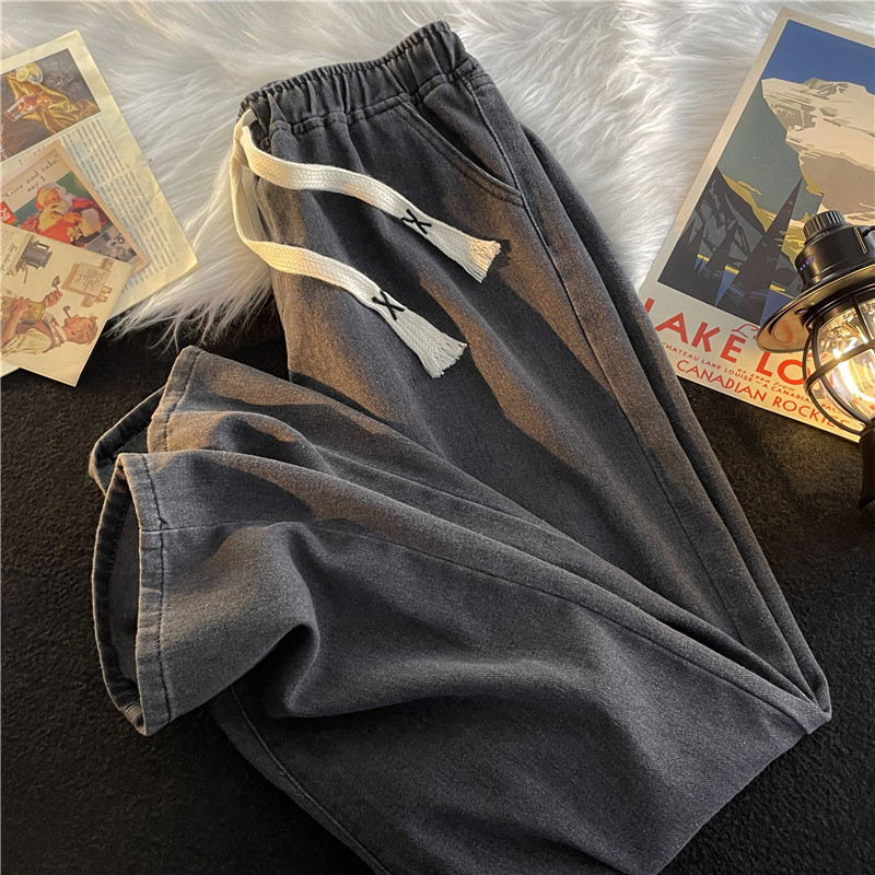 elastic waist jeans men's spring and summer wide leg floor pants men's trendy loose straight wide leg blue long pants